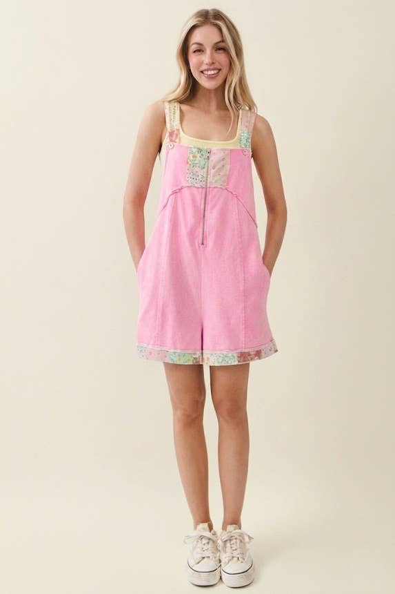 Mineral Washed Floral Patched Zipper Romper HR7232