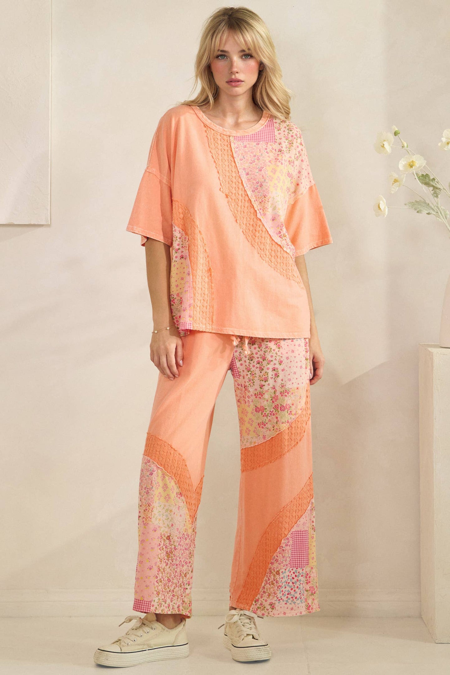 Mineral Washed Spring Picnic Print Lace Pants HP7131