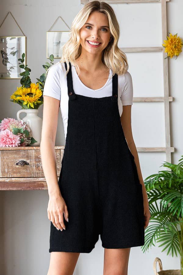 Casual Ribbed Romper with Patch Pockets R5168: Black / S-XL