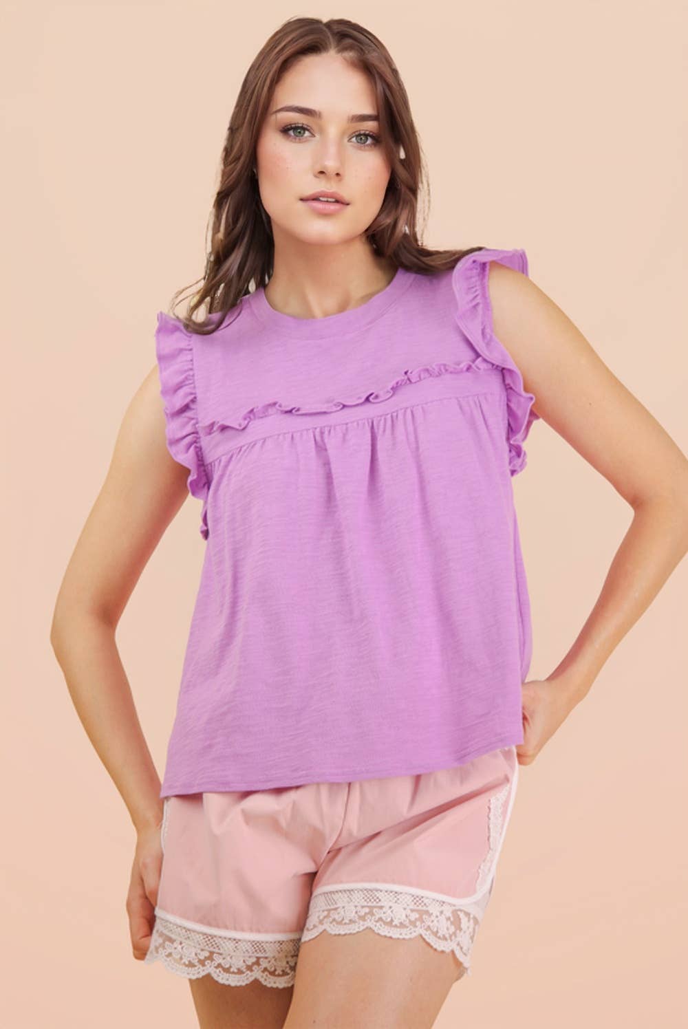 NT12178-Ruffle Detail Solid Knit Top