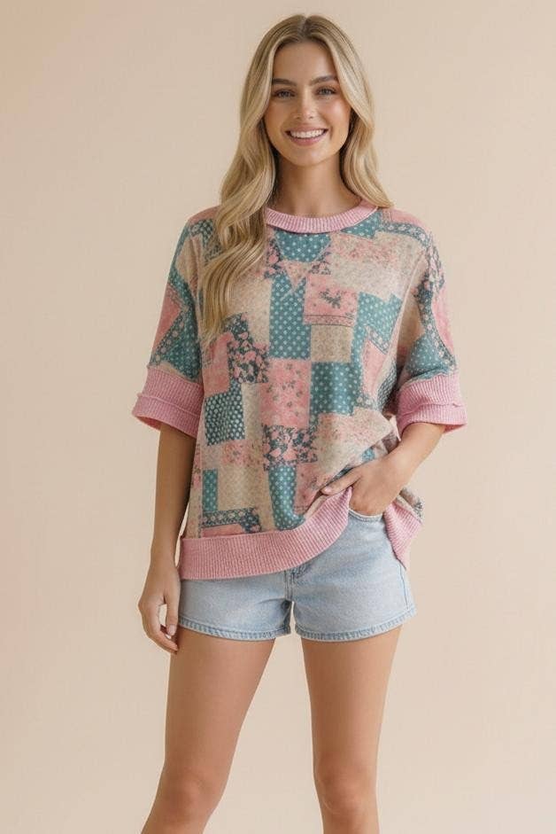 Polka Dot and Floral Patchwork Print Knit Top