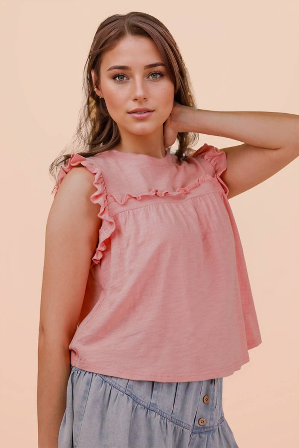 NT12178-Ruffle Detail Solid Knit Top