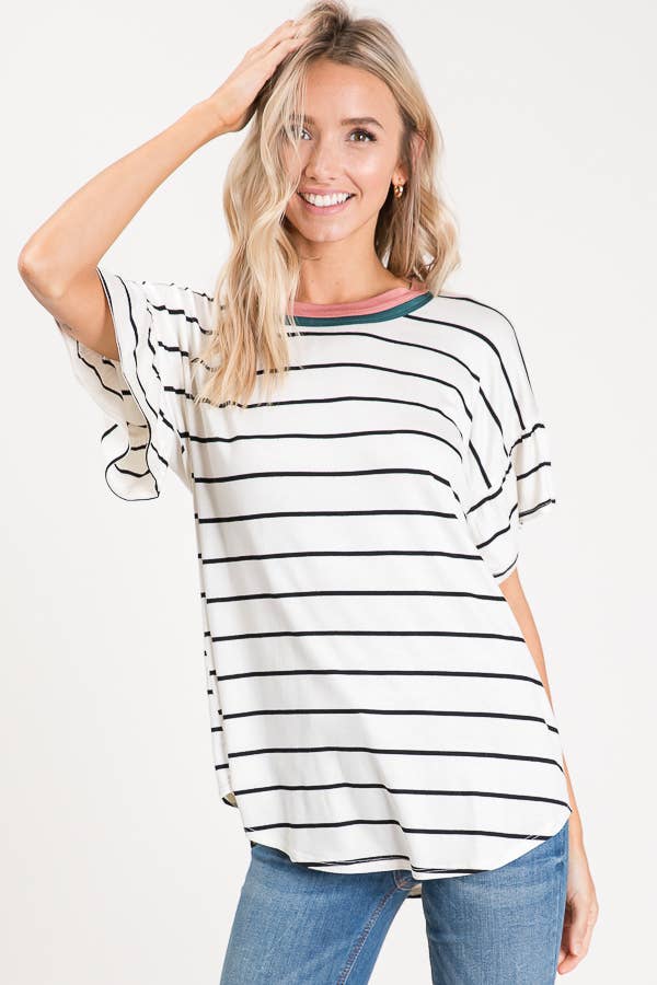 Striped Ruffle Sleeve Top T2567