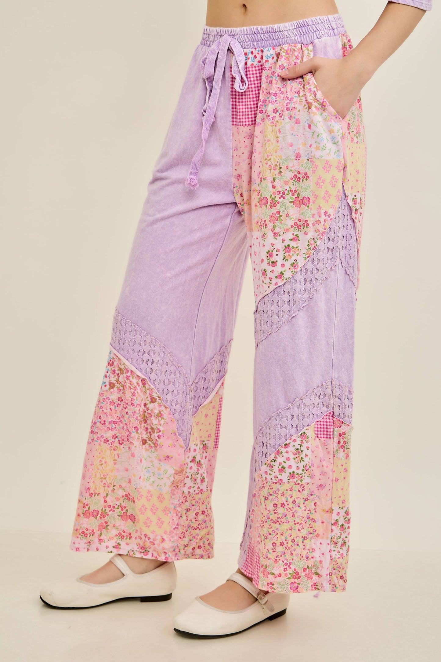 Mineral Washed Spring Picnic Print Lace Pants HP7131