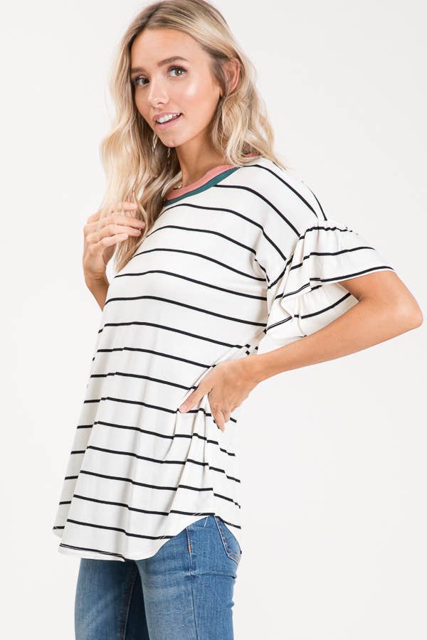 Striped Ruffle Sleeve Top T2567