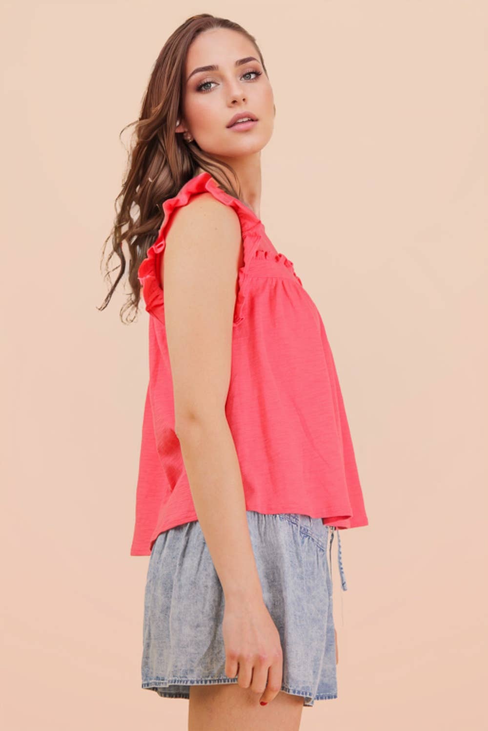NT12178-Ruffle Detail Solid Knit Top