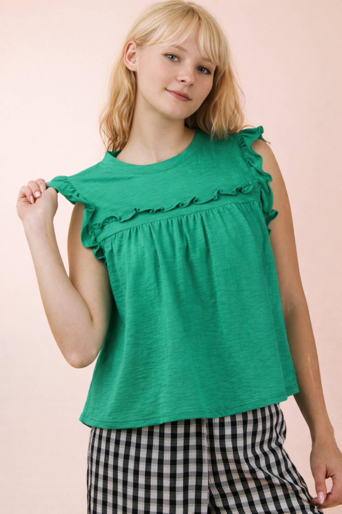 NT12178-Ruffle Detail Solid Knit Top