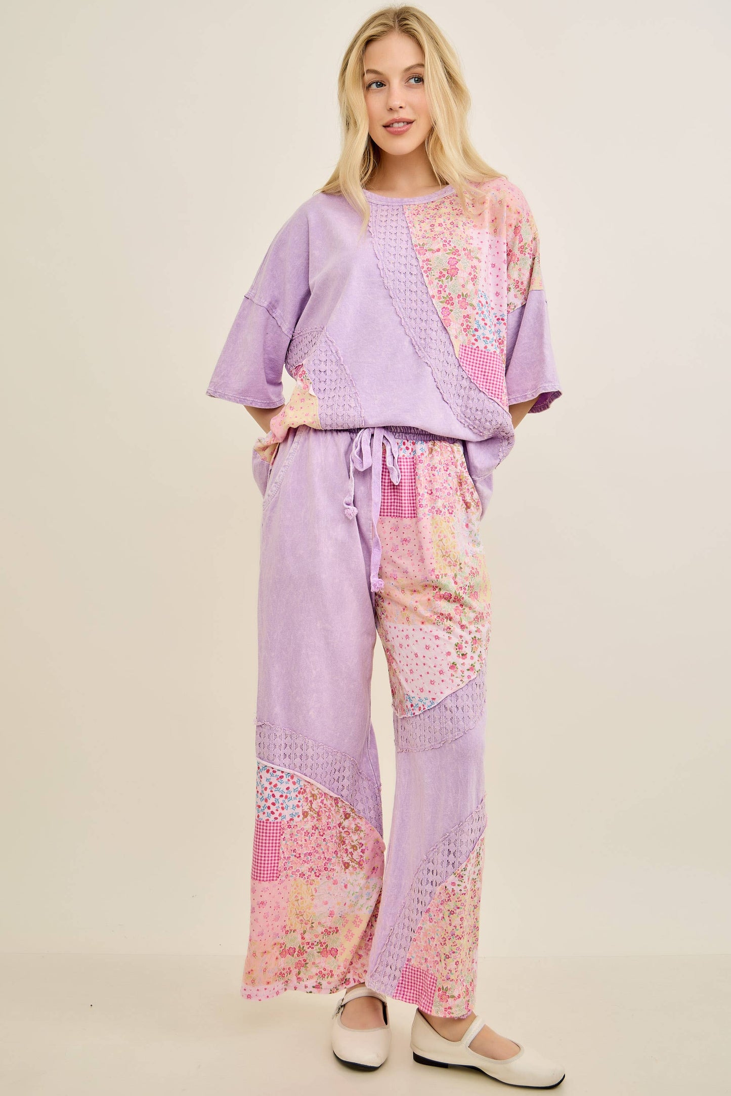 Mineral Washed Spring Picnic Print Lace Pants HP7131