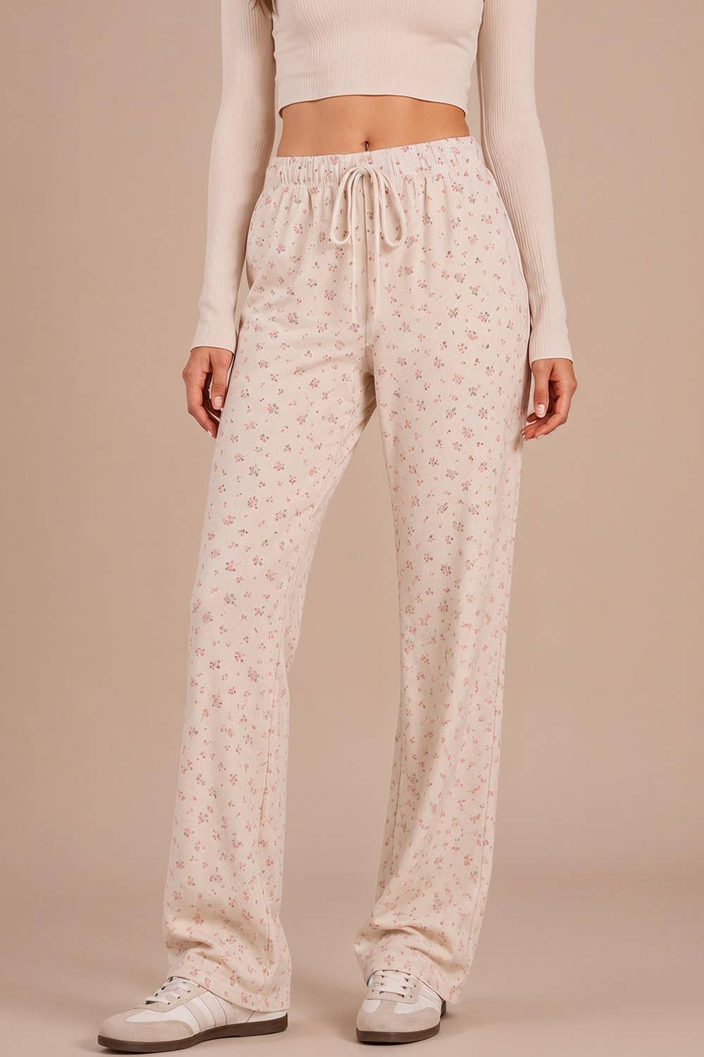 NP70918-Floral Printed Wide Leg Comfy Casual Pants