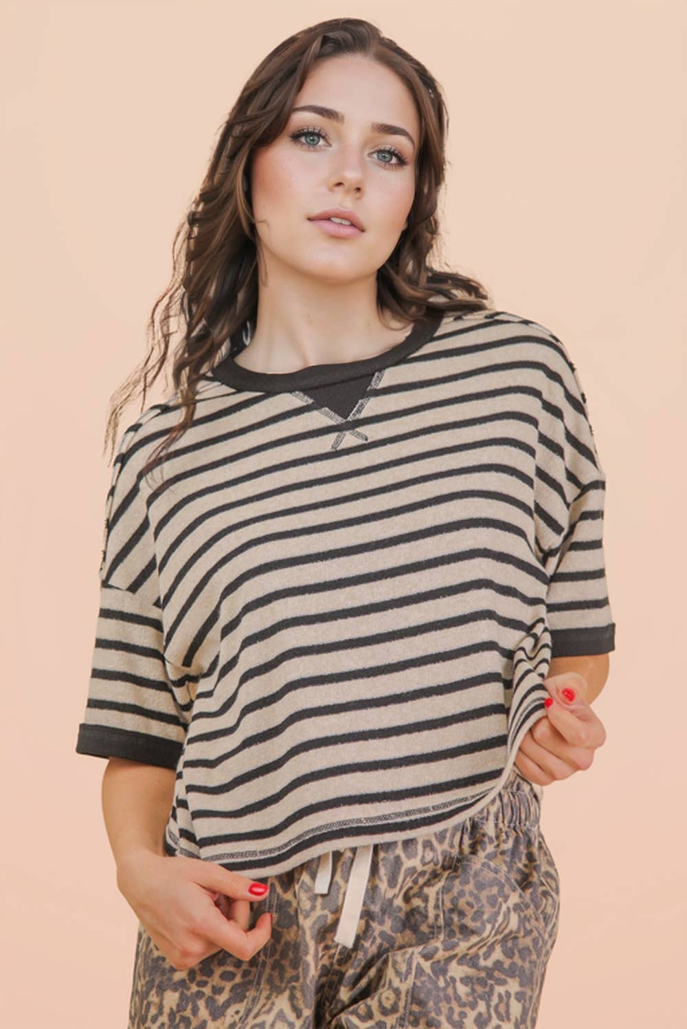 NT12210-Oversized Stripe Casual Comfy Knit Top