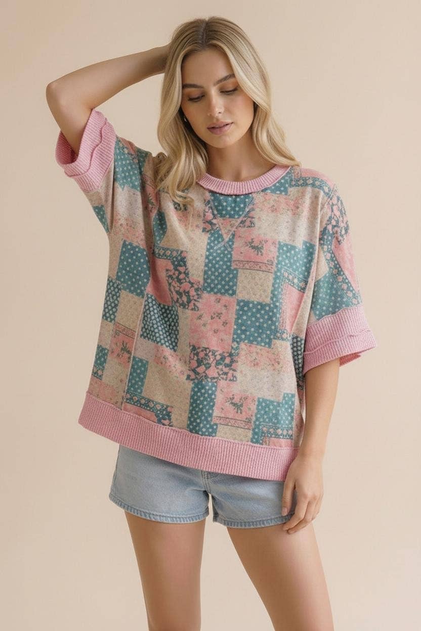 Polka Dot and Floral Patchwork Print Knit Top