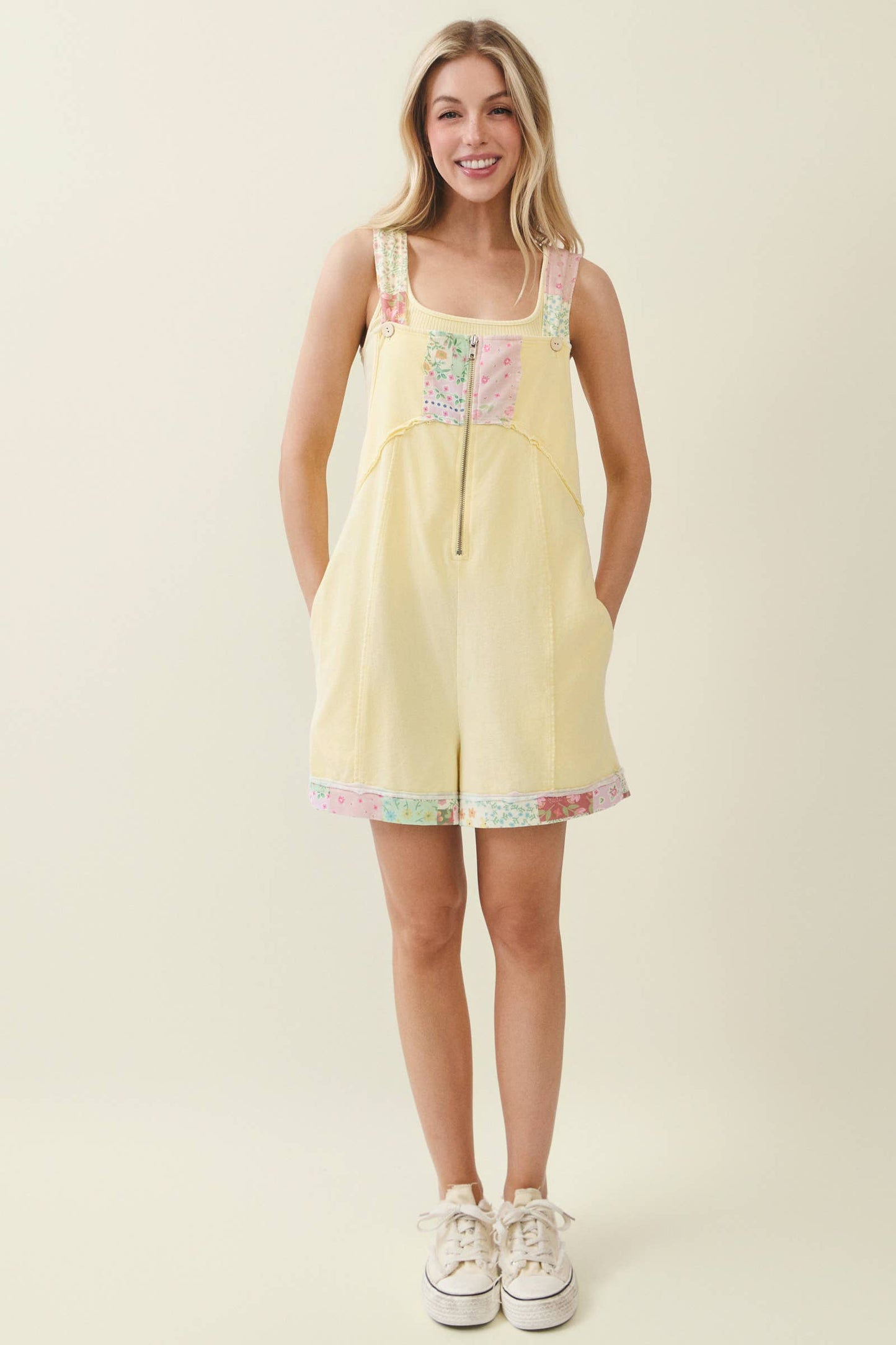 Mineral Washed Floral Patched Zipper Romper HR7232