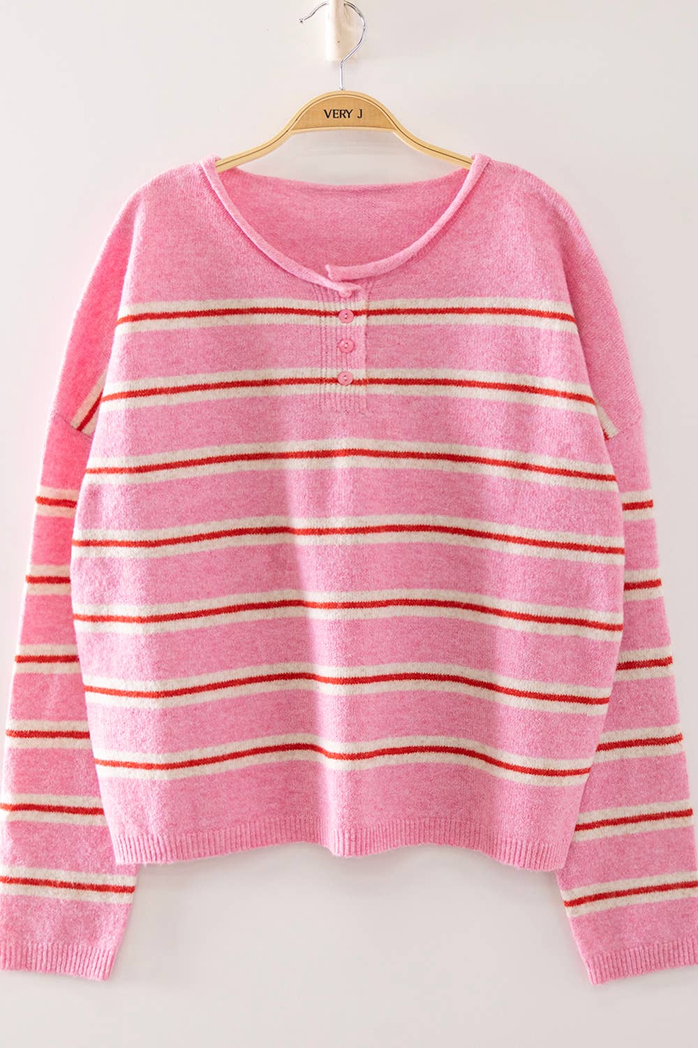12W3842N-Cozy Stripe Button Knit Sweater