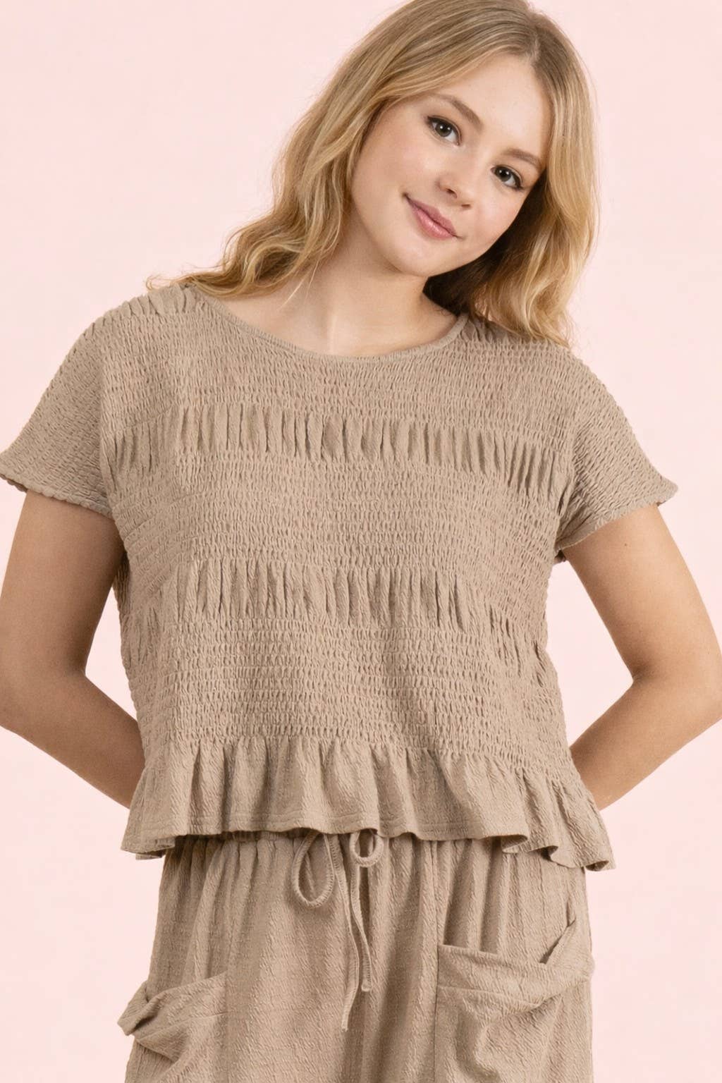 NT12511-Shirring Detail Short Sleeve Knit Top