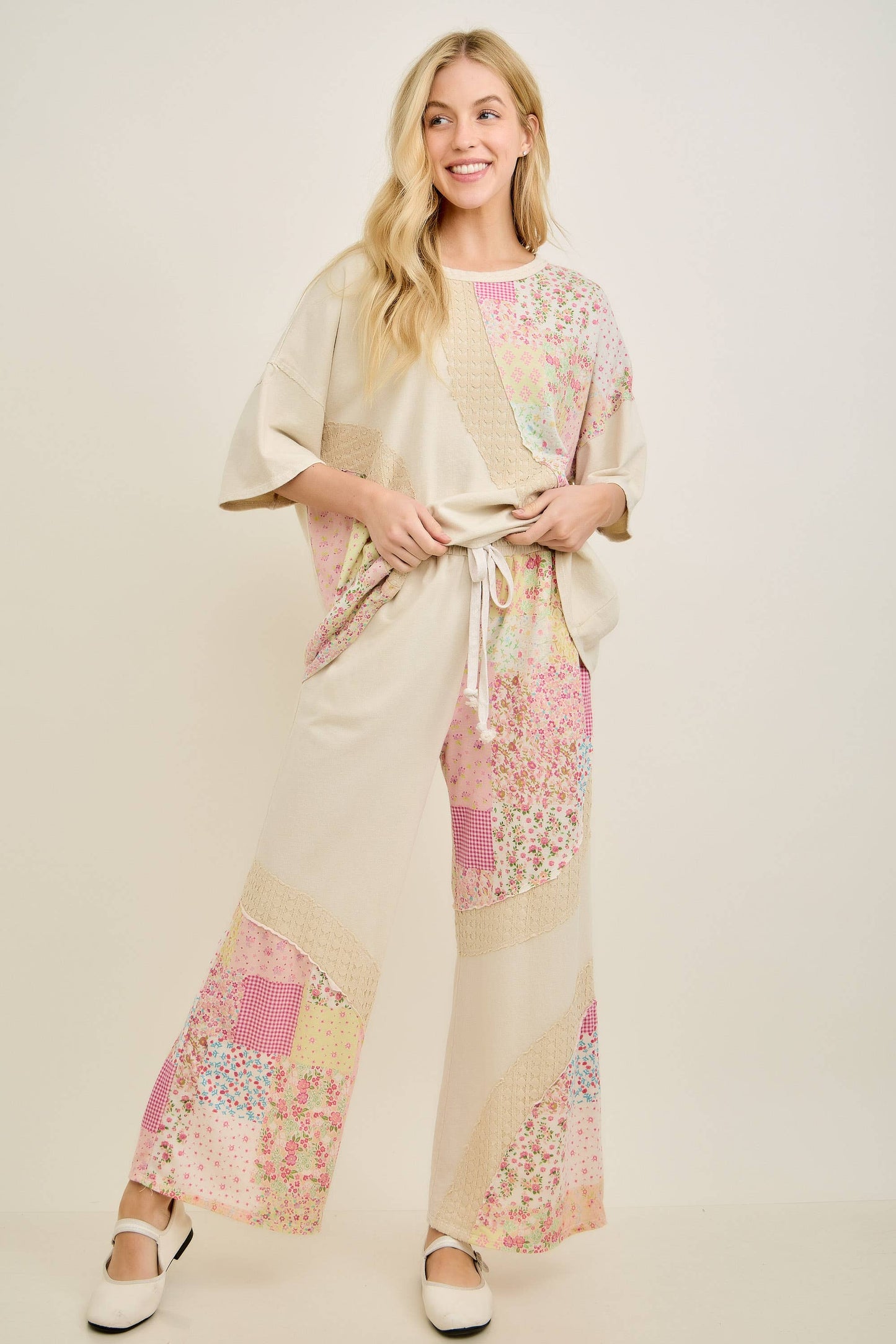 Mineral Washed Spring Picnic Print Lace Pants HP7131