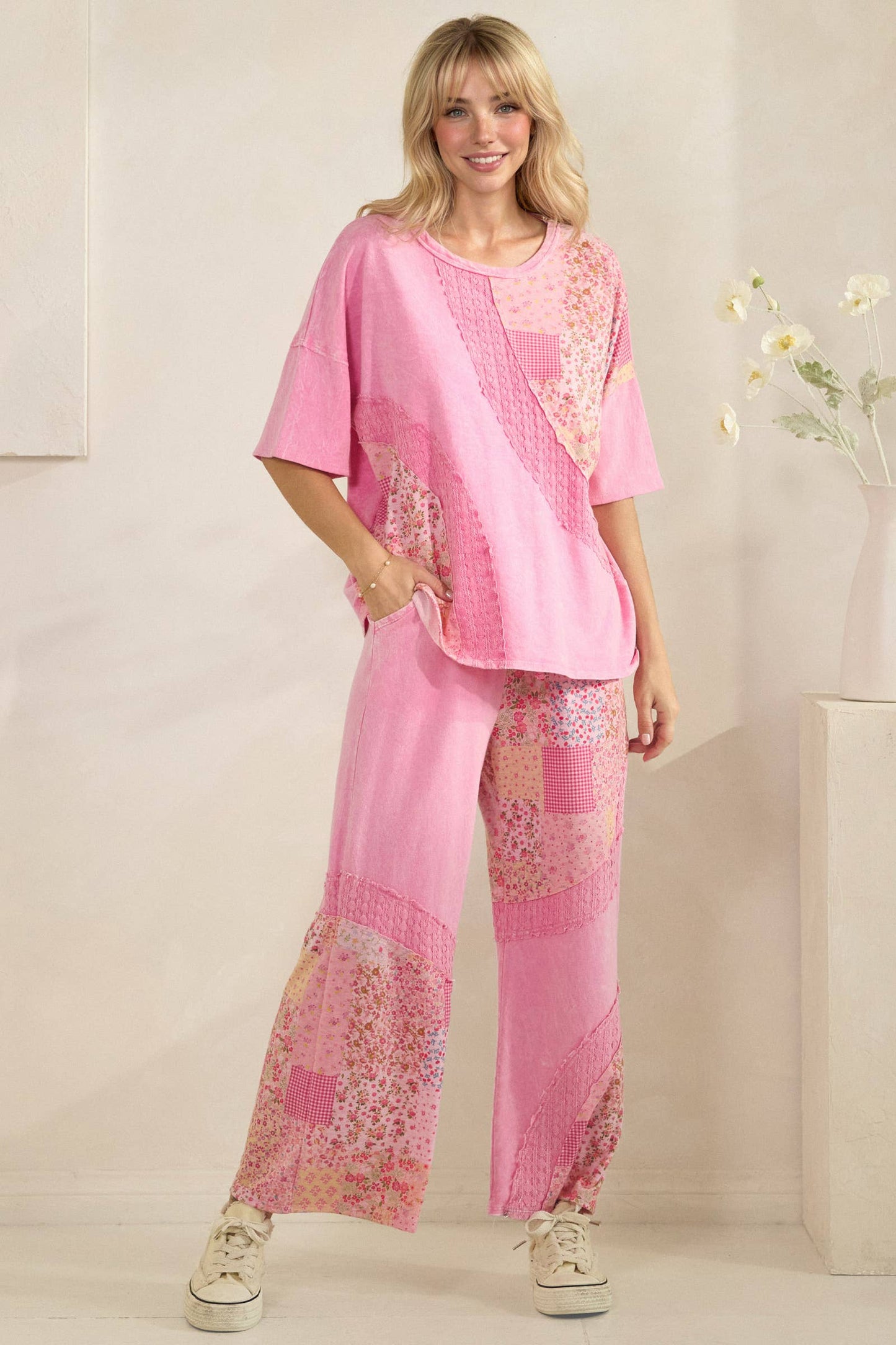 Mineral Washed Spring Picnic Print Lace Pants HP7131