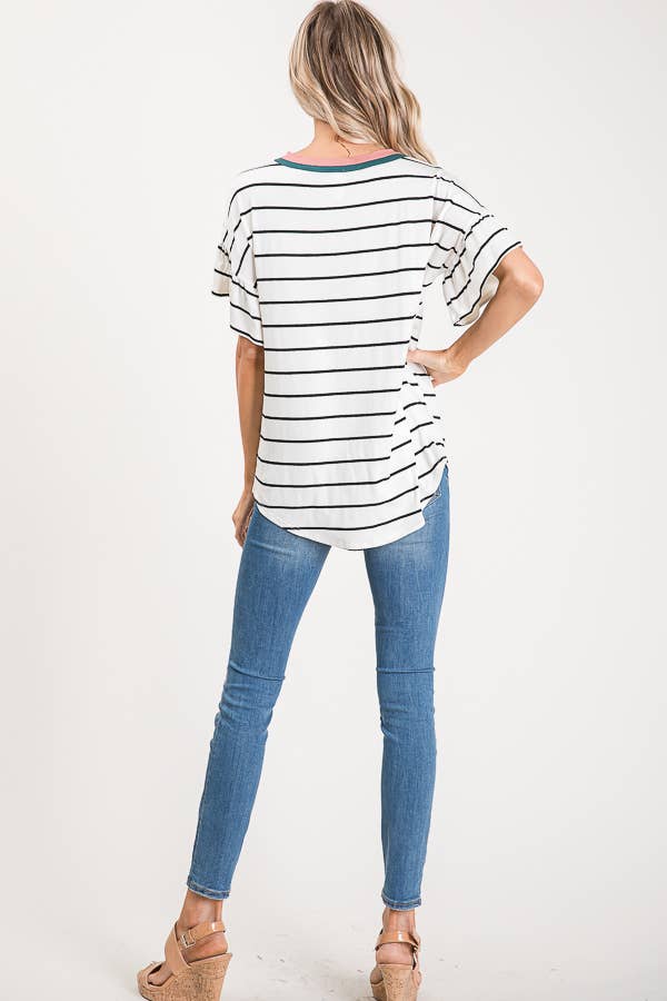 Striped Ruffle Sleeve Top T2567
