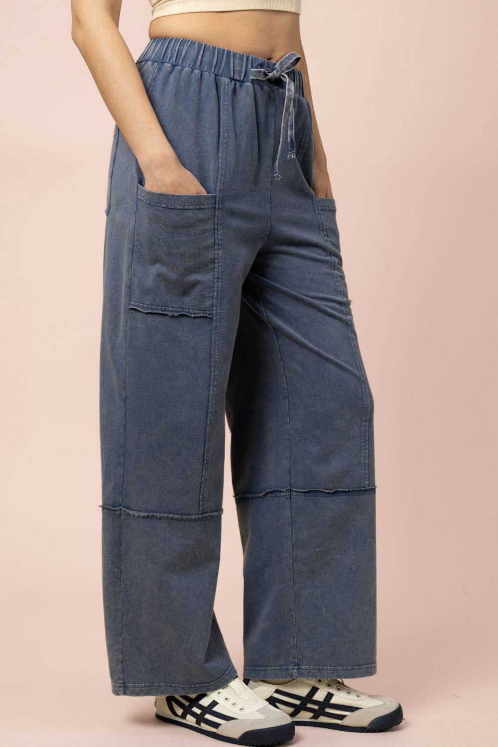 NP70942-Mineral Washed Wide Leg Casual Comfy Pants