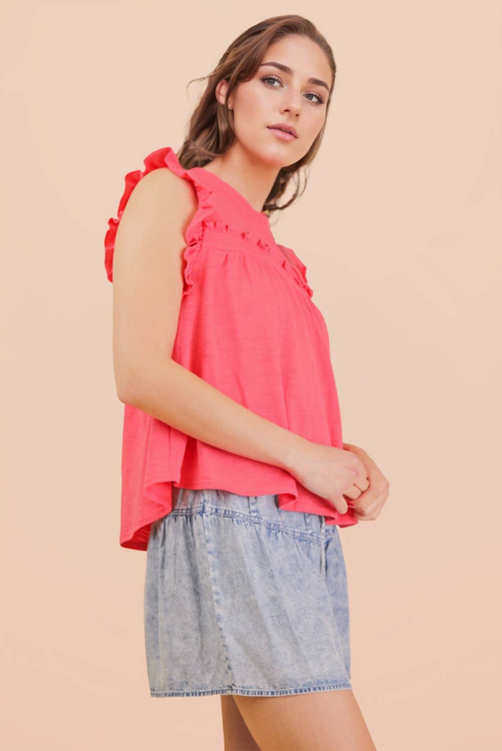 NT12178-Ruffle Detail Solid Knit Top