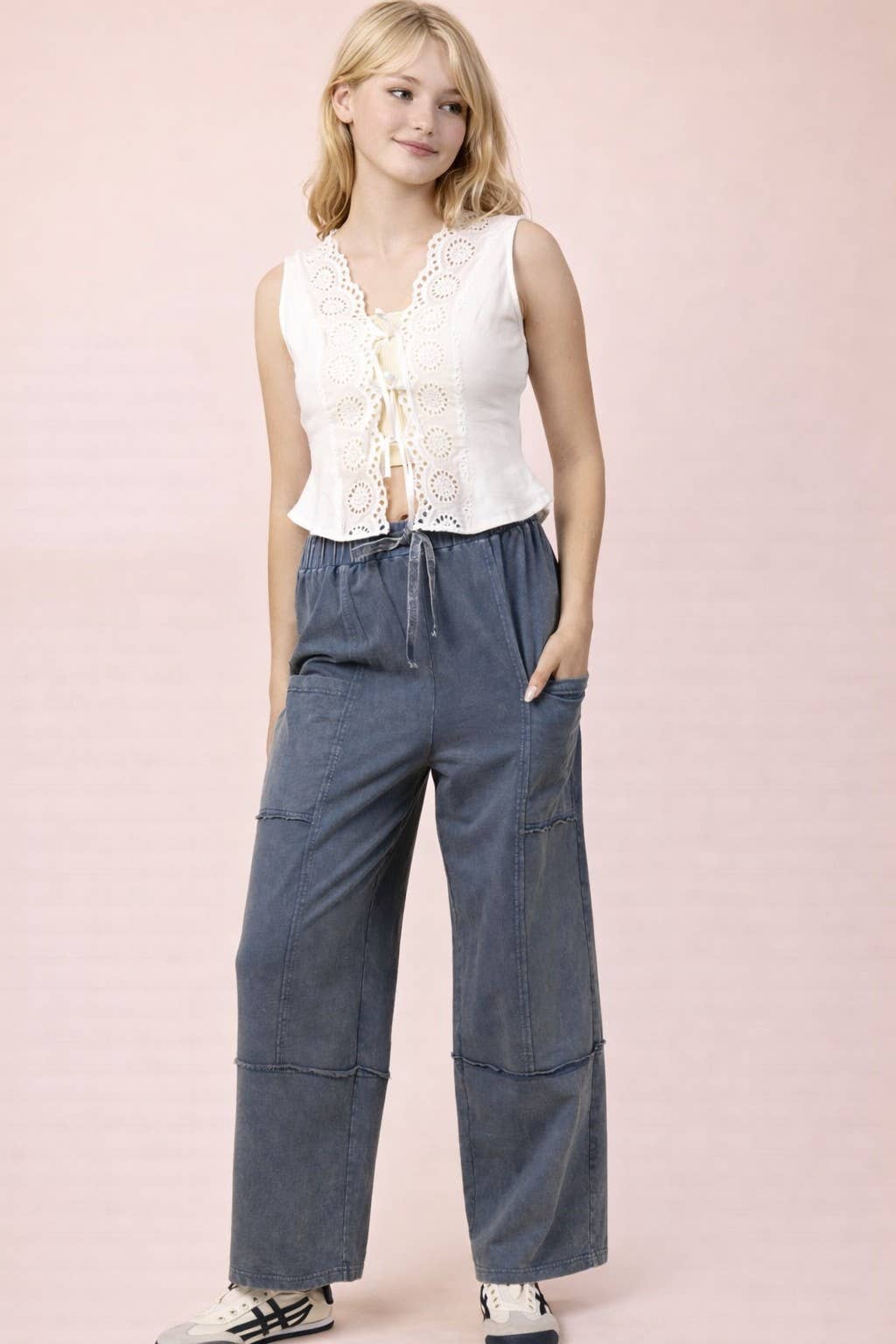 NP70942-Mineral Washed Wide Leg Casual Comfy Pants