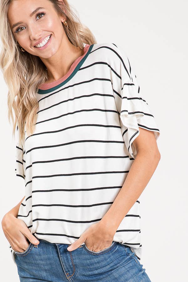 Striped Ruffle Sleeve Top T2567