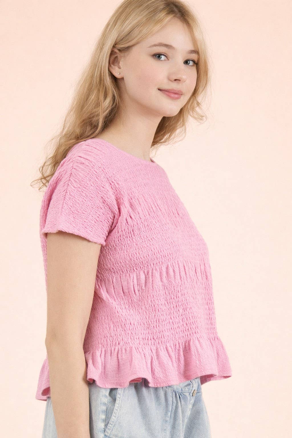 NT12511-Shirring Detail Short Sleeve Knit Top