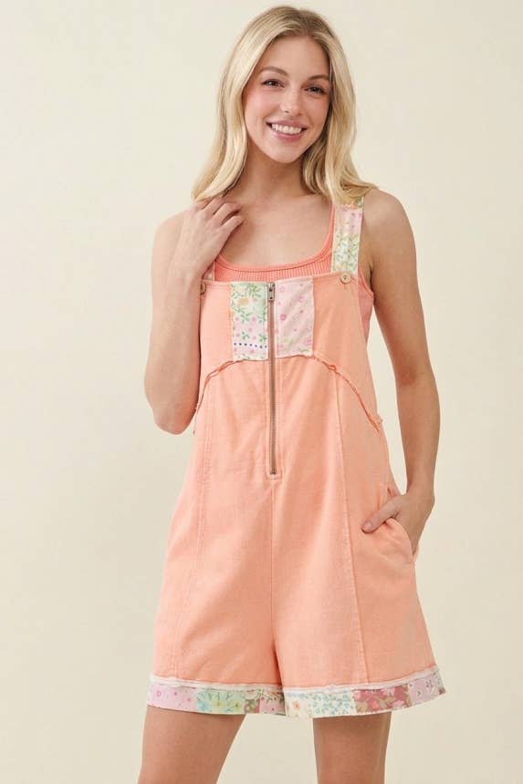 Mineral Washed Floral Patched Zipper Romper HR7232