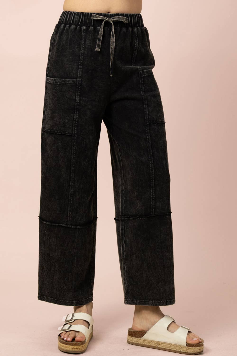NP70942-Mineral Washed Wide Leg Casual Comfy Pants