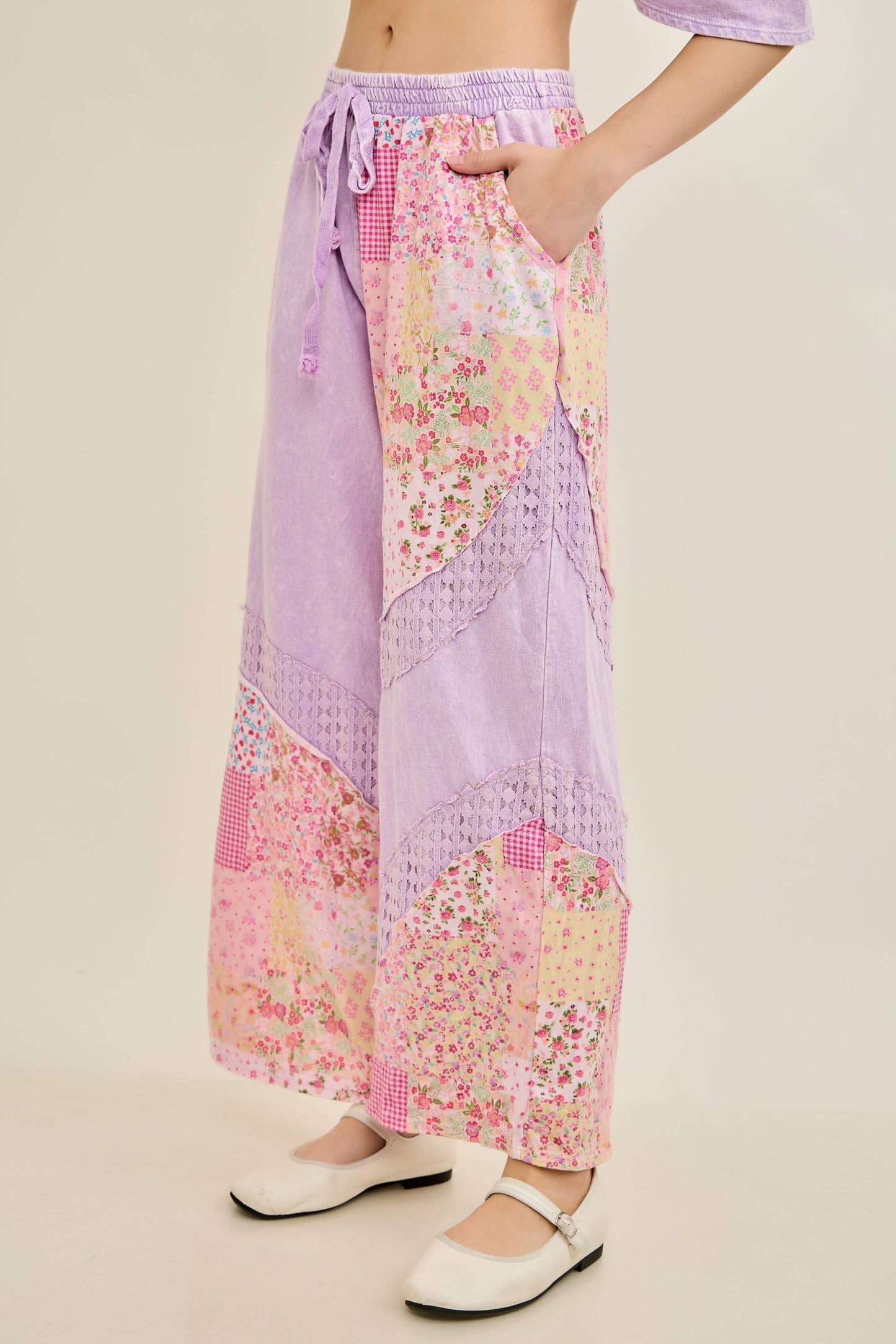 Mineral Washed Spring Picnic Print Lace Pants HP7131