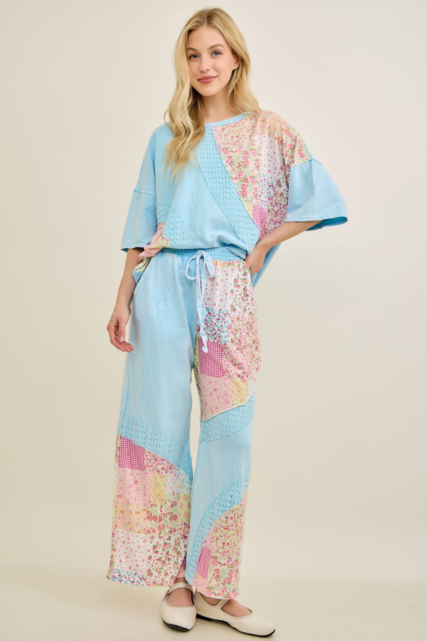 Mineral Washed Spring Picnic Print Lace Pants HP7131