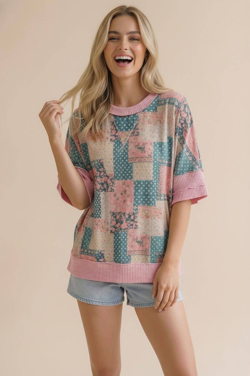 Polka Dot and Floral Patchwork Print Knit Top