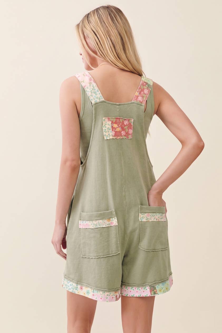 Mineral Washed Floral Patched Zipper Romper HR7232