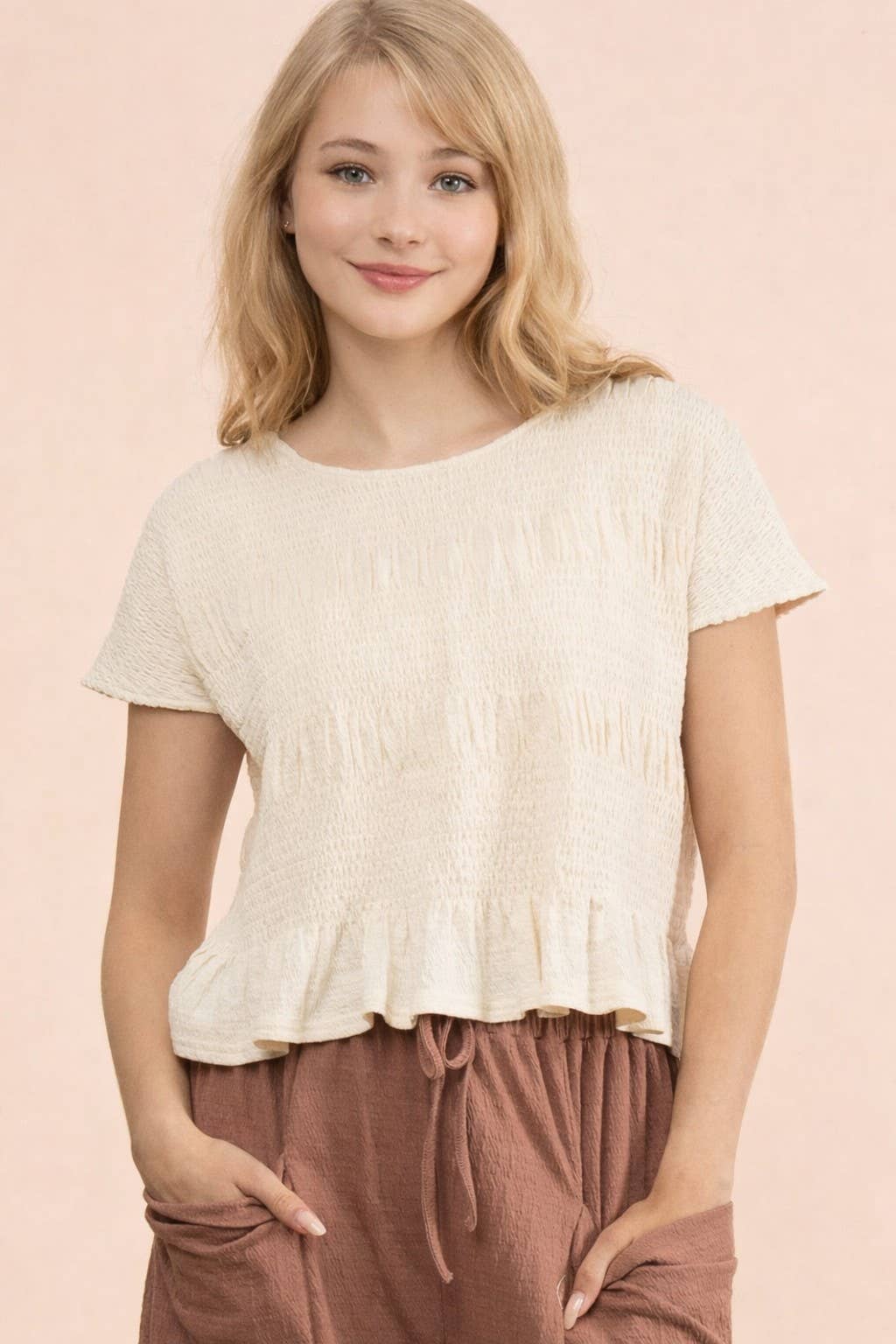 NT12511-Shirring Detail Short Sleeve Knit Top