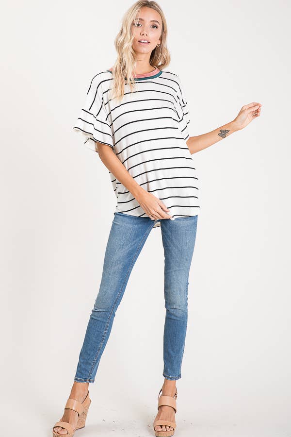 Striped Ruffle Sleeve Top T2567