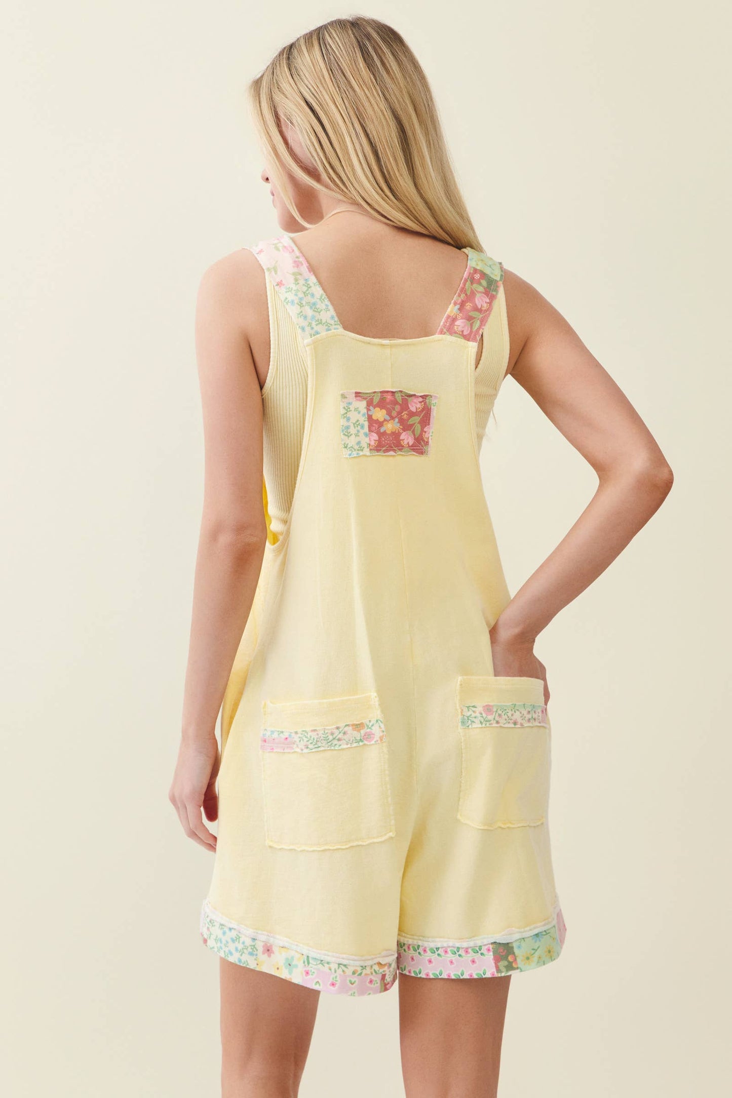 Mineral Washed Floral Patched Zipper Romper HR7232