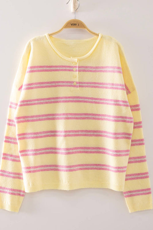 12W3842N-Cozy Stripe Button Knit Sweater