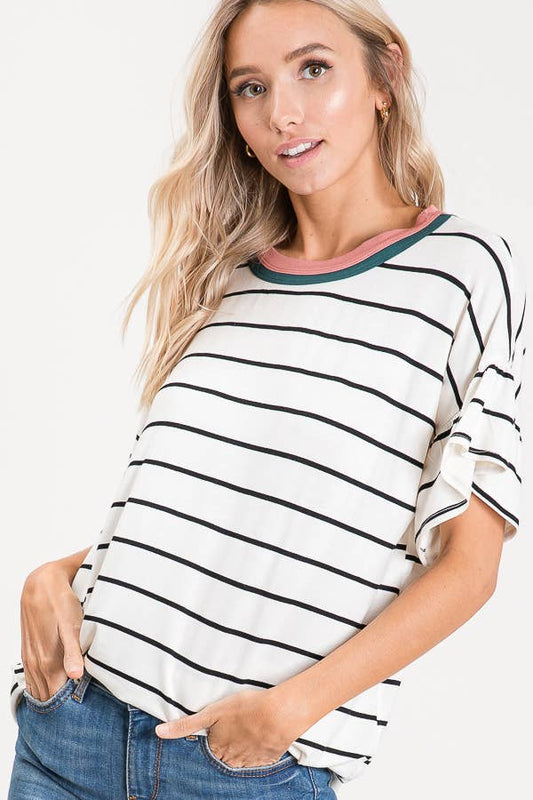 Striped Ruffle Sleeve Top T2567