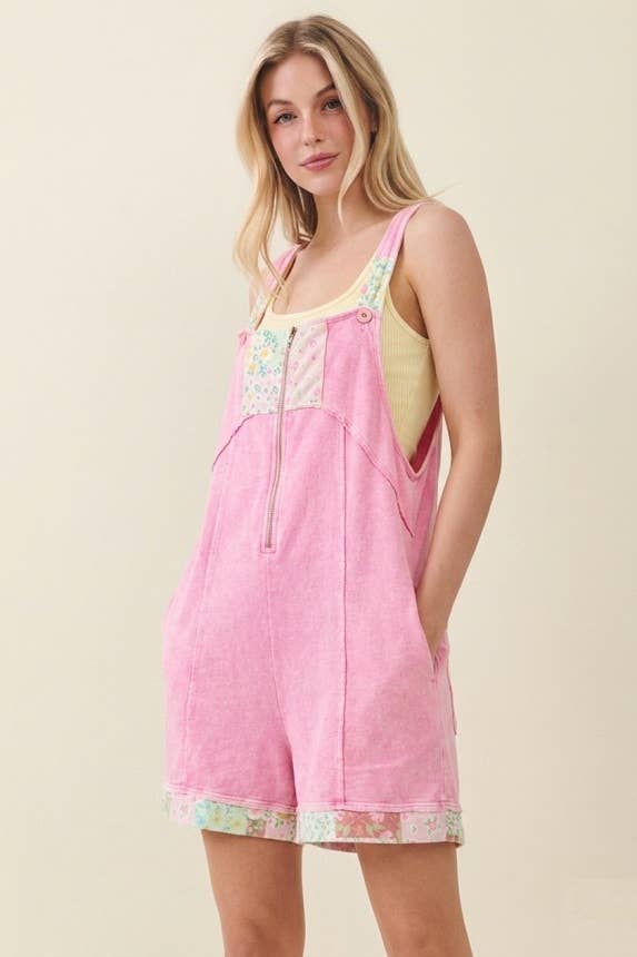 Mineral Washed Floral Patched Zipper Romper HR7232