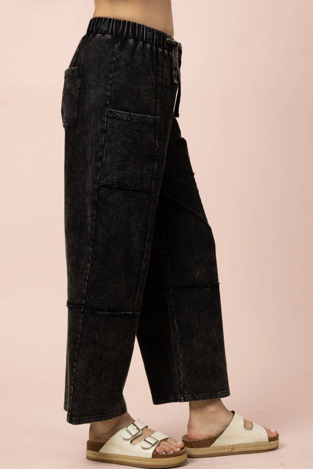 NP70942-Mineral Washed Wide Leg Casual Comfy Pants