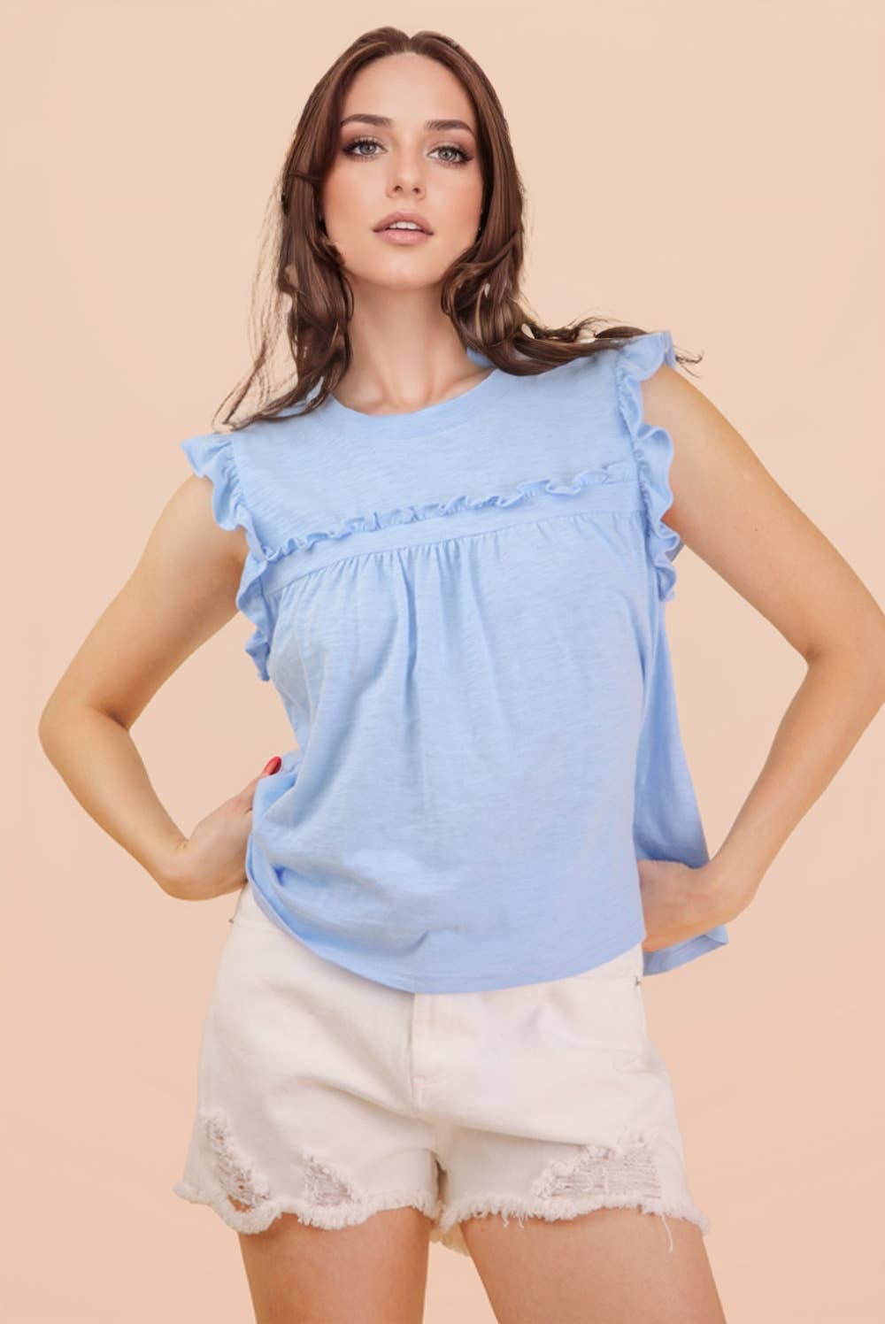NT12178-Ruffle Detail Solid Knit Top