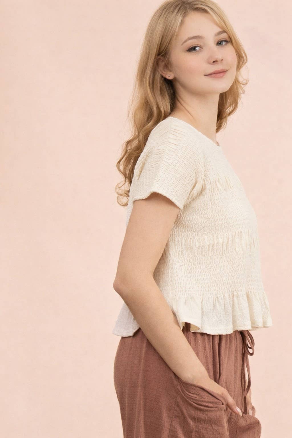 NT12511-Shirring Detail Short Sleeve Knit Top