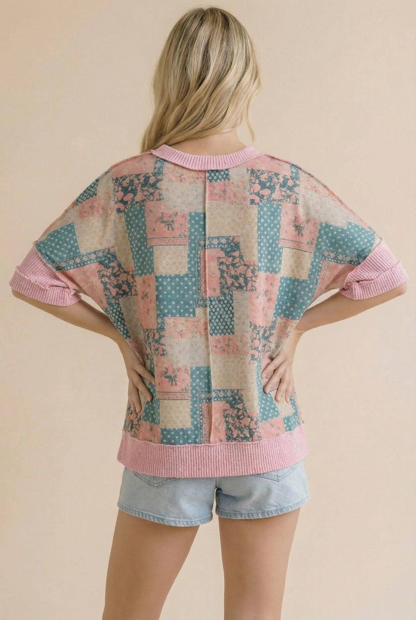 Polka Dot and Floral Patchwork Print Knit Top