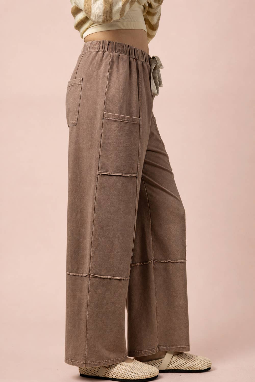 NP70942-Mineral Washed Wide Leg Casual Comfy Pants