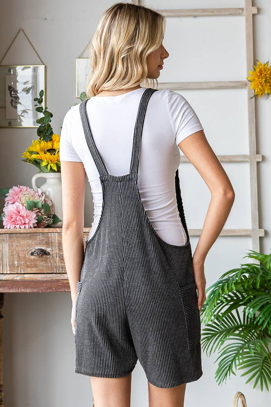 Casual Ribbed Romper with Patch Pockets R5168: Black / S-XL