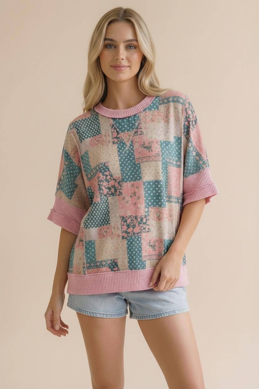 Polka Dot and Floral Patchwork Print Knit Top