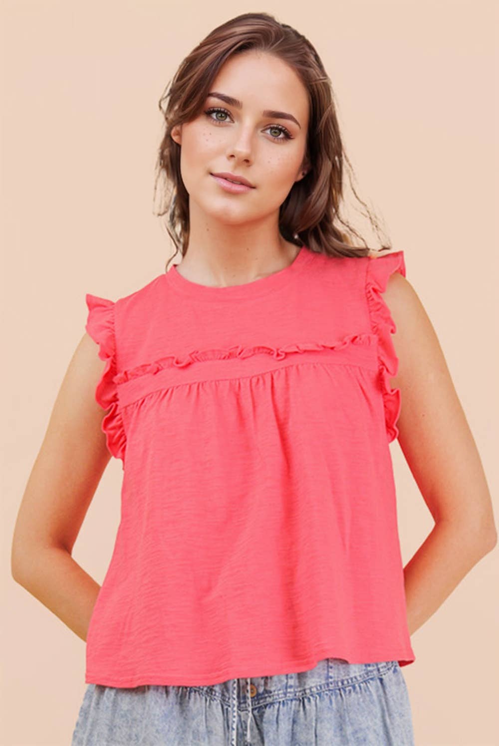 NT12178-Ruffle Detail Solid Knit Top