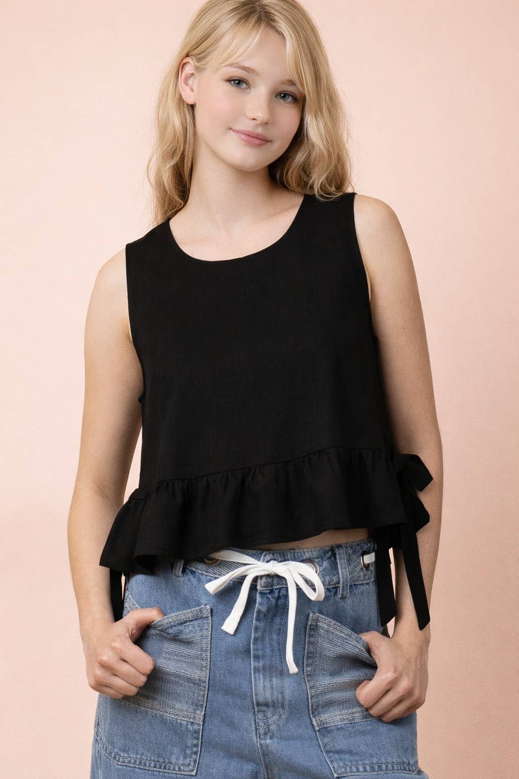 NT12128-Side Tie Detail Ruffled Top