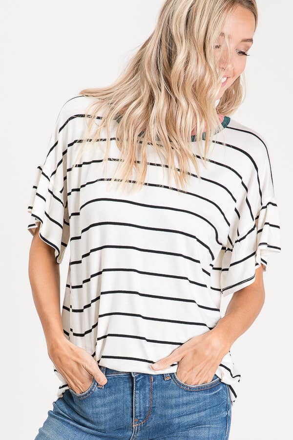 Striped Ruffle Sleeve Top T2567