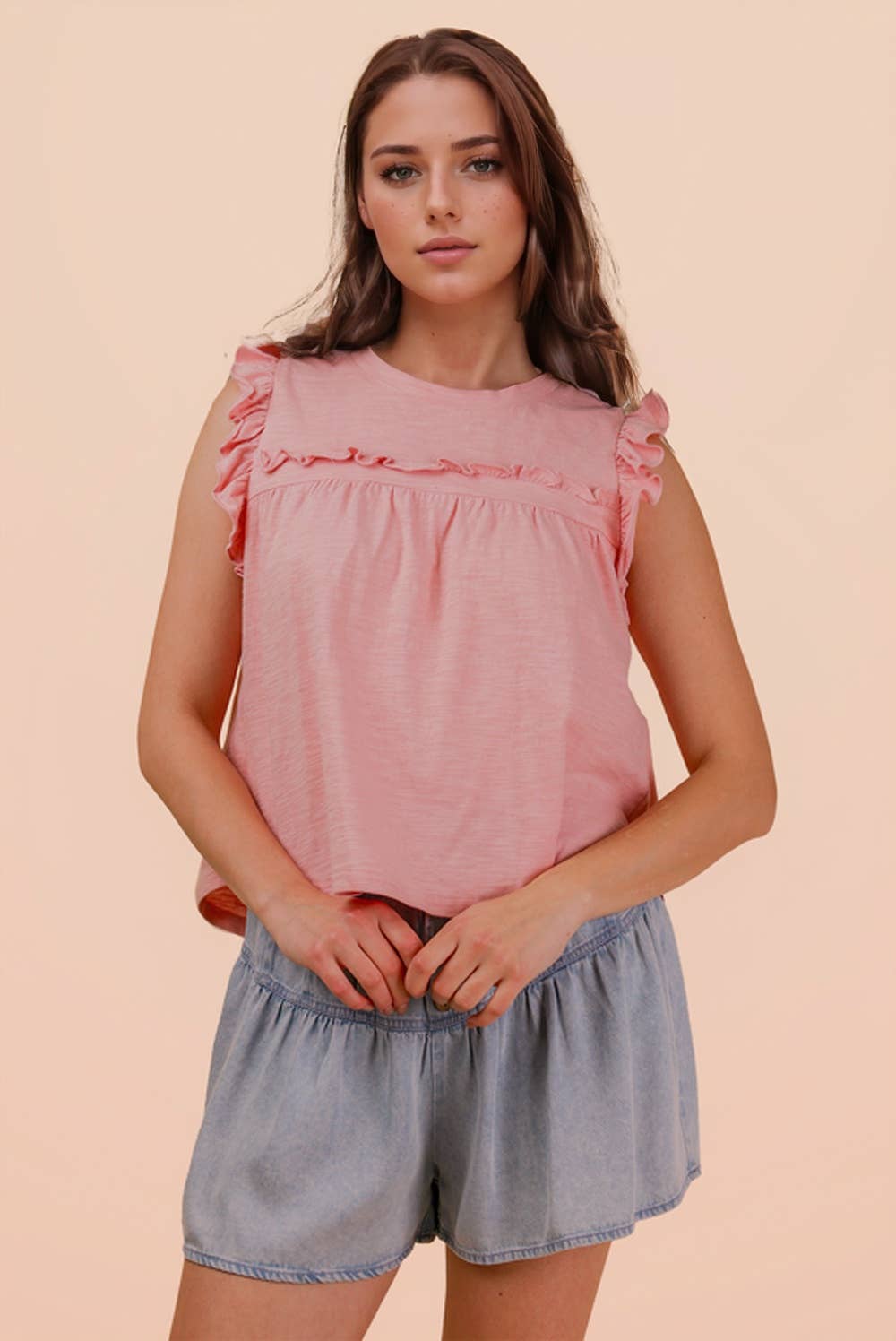 NT12178-Ruffle Detail Solid Knit Top