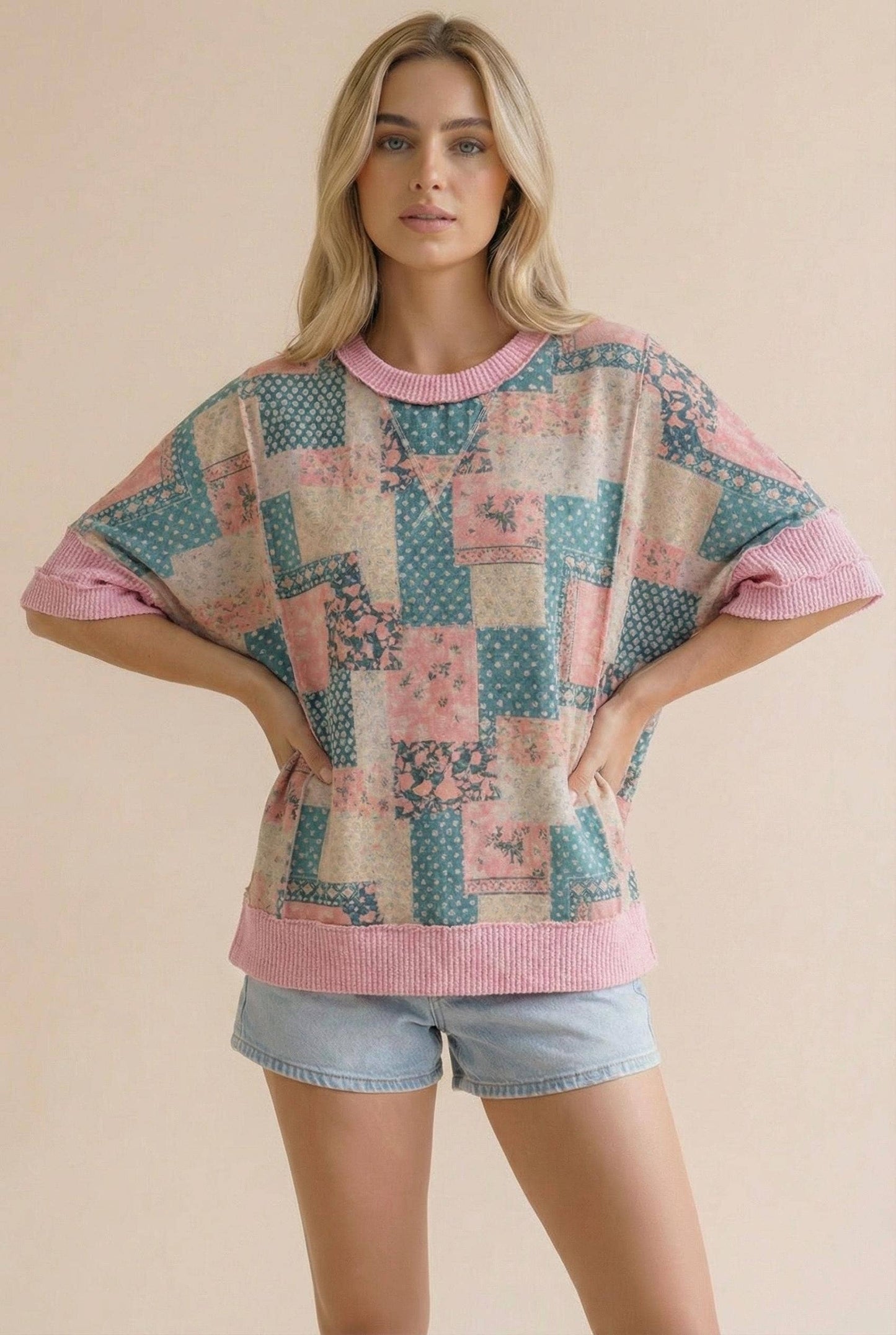 Polka Dot and Floral Patchwork Print Knit Top
